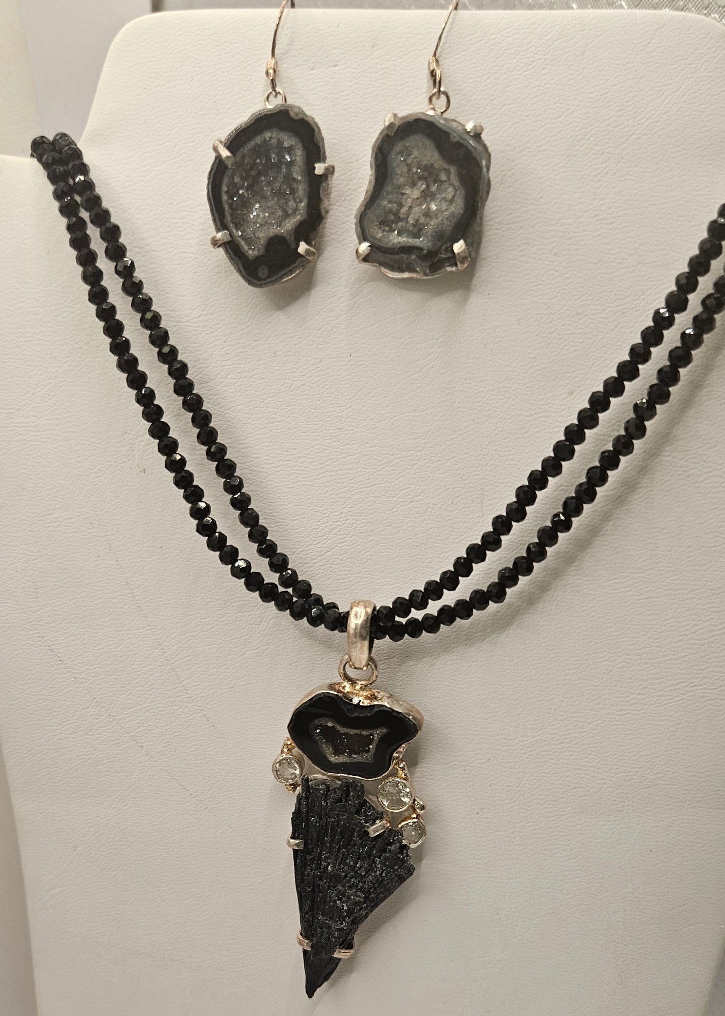 Black Geode w/ Black Kyanite and Crystal Gems Pendant