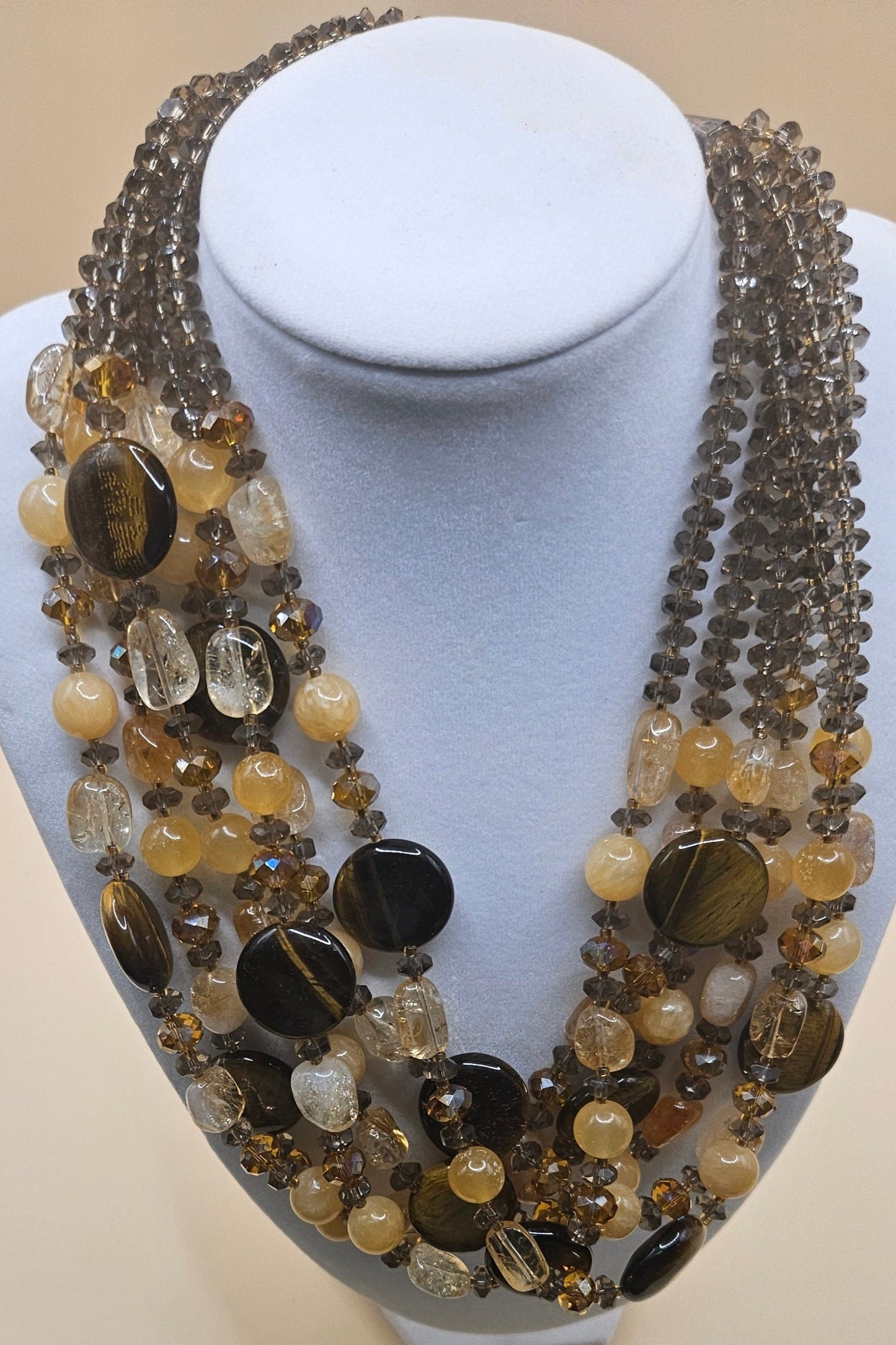 Multistrand, Tigers Eye, Citrine, Pearl, and Smokey Quartz Necklace