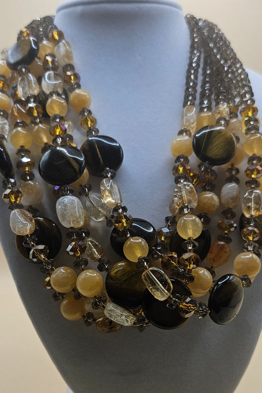 Multistrand, Tigers Eye, Citrine, Pearl, and Smokey Quartz Necklace