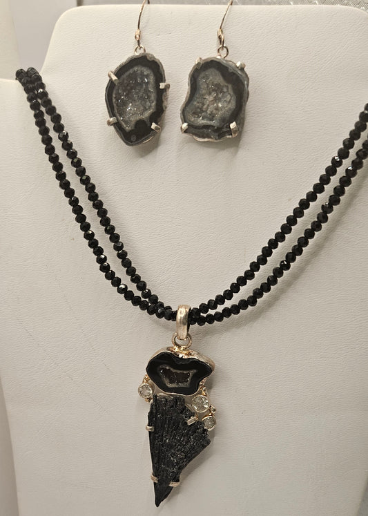 Black Geode w/ Black  Kyanite and Crystal Gems Pendant