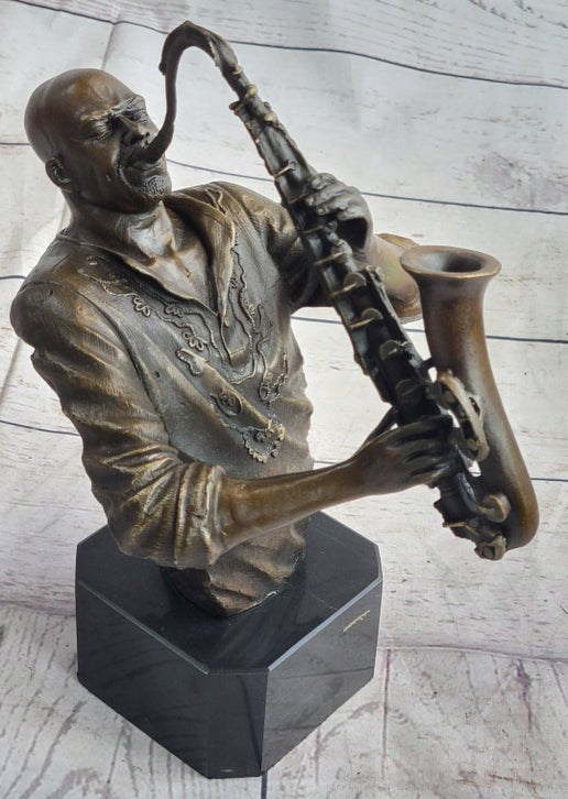 Bronzhaus - Black African American Saxaphone Player Jazz Musician Bronze Marble Statue 10" x 9"