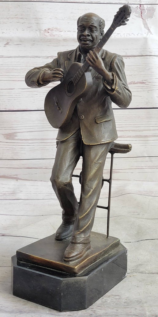 Bronzhaus - African American Black Folk Musician Playing Guitar Bronze Sculpture Statue Figure Art