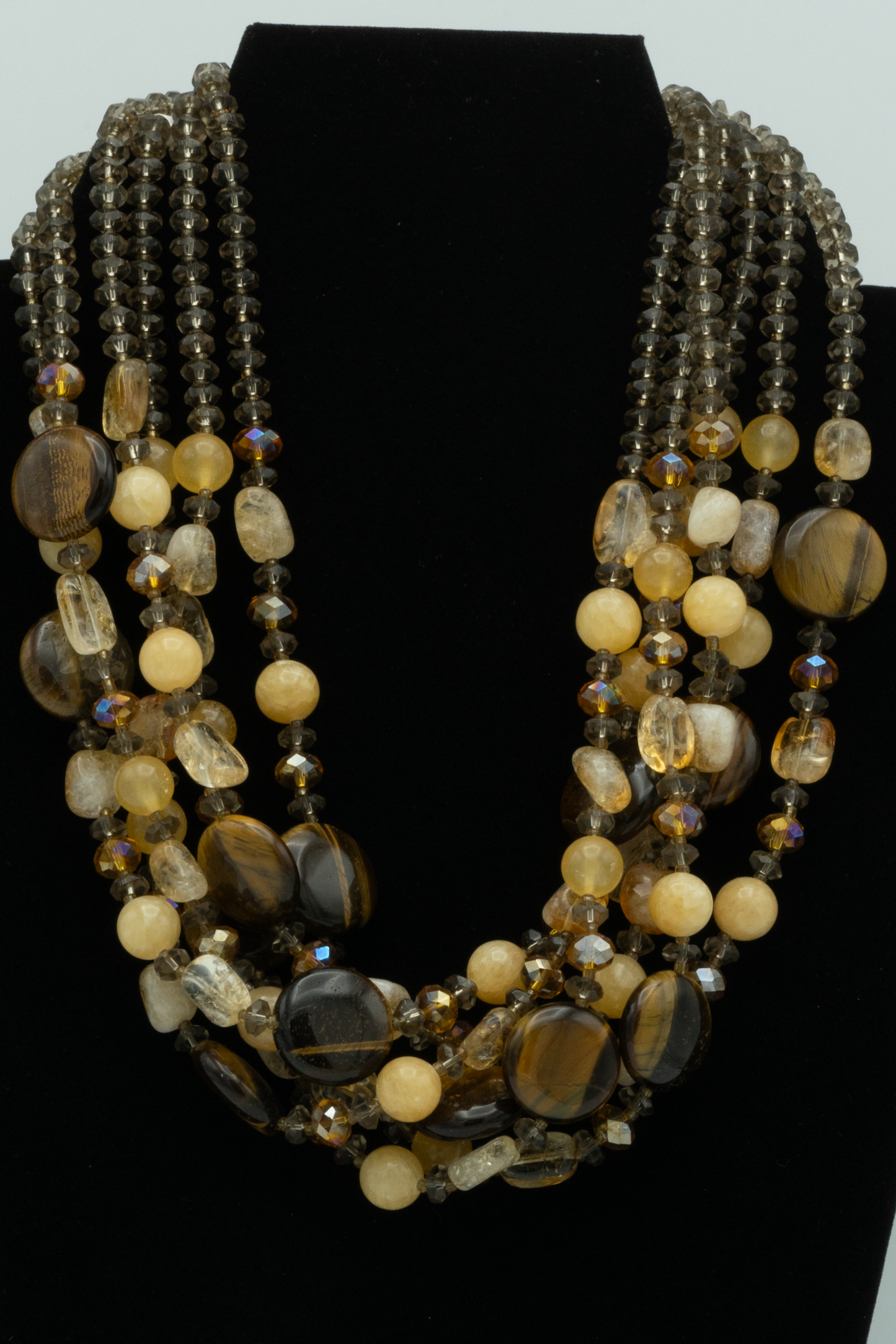 Multistrand, Tigers Eye, Citrine, Pearl, and Smokey Quartz Necklace