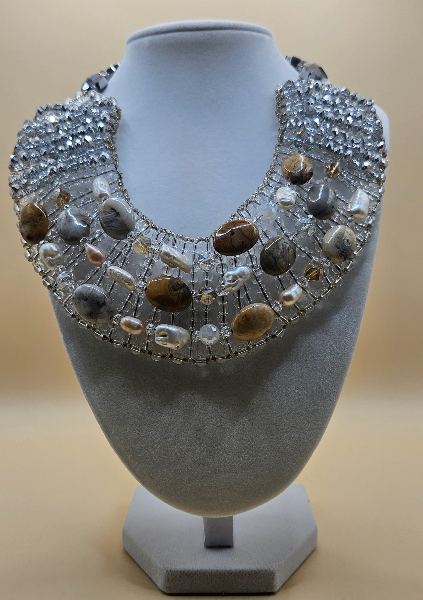 Jasper, freshwater pearl, sterling silver, collar necklace,