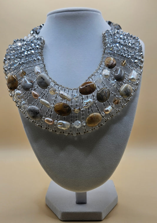 Jasper, freshwater pearl, sterling silver, collar necklace,