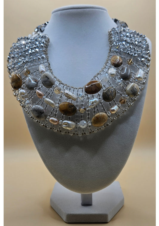 One-of-a kind-Jasper, freshwater pearl, sterling silver, collar necklace