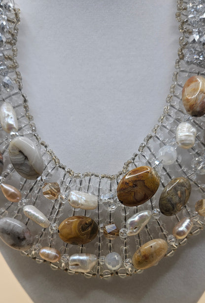 Jasper, freshwater pearl, sterling silver, collar necklace,