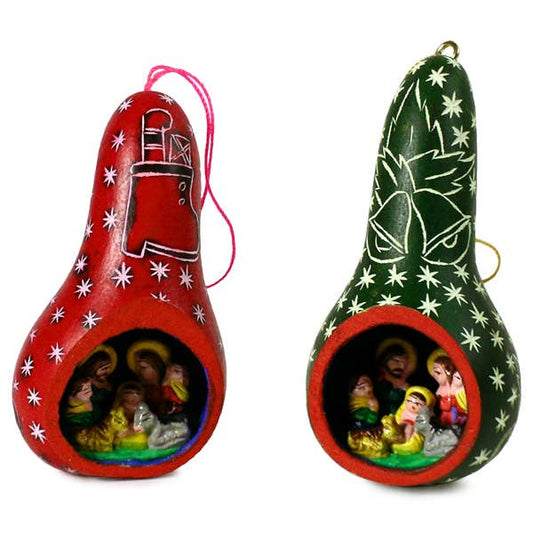 Sanyork Fair Trade - Gourd Nativity Ornament with Stars Carved with Scene Inside